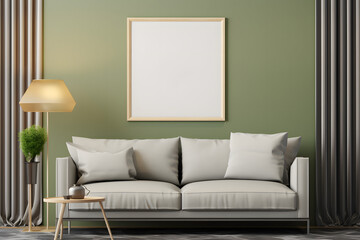 Poster frame mock-up in home interior background, living room in green and beige tones