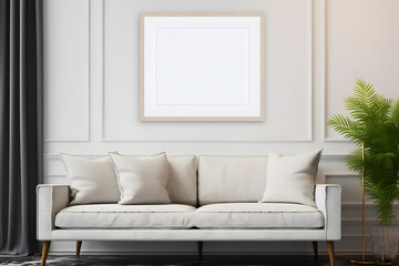 Poster frame mock-up in modern living room, furnished home interior background