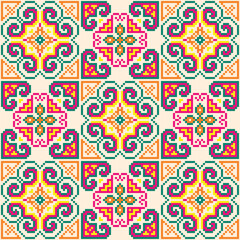 Cross stitch pattern featuring colorful flowers and swirls on a white background. Design for flowers, colorful,background, embroidery, floral pattern, stitches; floral motif; decorative; textile art.