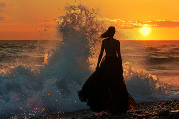 A silhouette of a woman in a long skirt standing on a rocky beach at sunset with waves crashing behind her