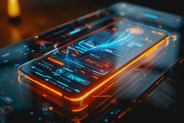 smartphone a transparent display shows user interface components, UX, UI, futuristic technology