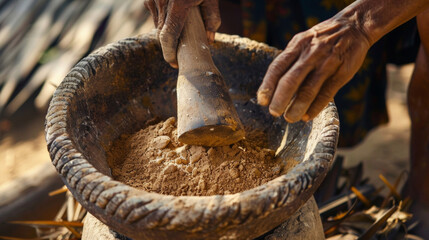 Using a large mortar and pestle a group of villagers pulverize dried palm leaves and clay creating a traditional mixture used for centuries in sustainable construction - obrazy, fototapety, plakaty