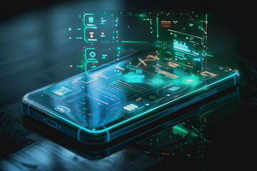 smartphone a transparent display shows user interface components, UX, UI, futuristic technology