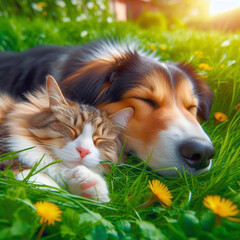 Cute cat and dog sleeping together on green grass in summer.