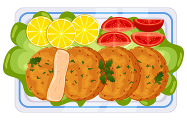 Fried Chicken Cutlets Served with Tomatoes, Lemon and Lettuce - Top View Vector Illustration 
