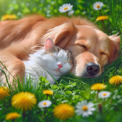 Obraz premium Cute dog and cat sleeping together on green grass with flowers.