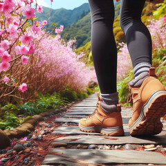 woman hiker walking on mountain trail in spring. woman fitness jogging workout wellness concept.