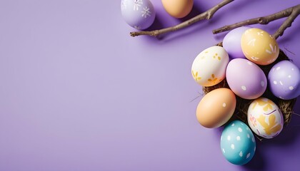 Easter colored eggs hanging on a branch on a violet background. Easter decorations. Easter banner