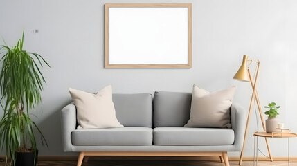 Horizontal wooden frame mockup in scandinavian farmhouse living room interior 