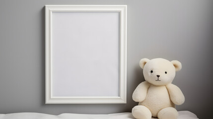 Mock up poster frame in white cozy children room interior background