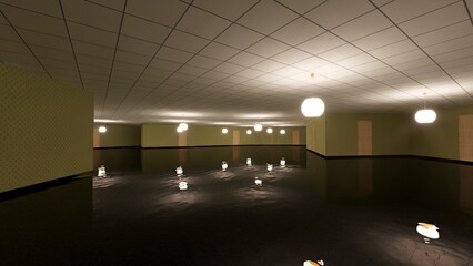 alone in the backrooms liminal space 3d render	