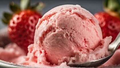 A macro shot of the strawberry flavour ice cream