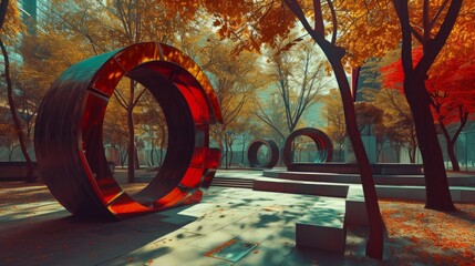 Autumnal Arches: A park with a large red circle sculpture and several benches - obrazy, fototapety, plakaty