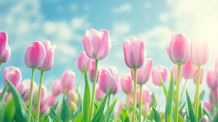 Vibrant Pink Tulips in Full Bloom, Sunny Blue Sky with Light Clouds, Spring Freshness