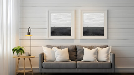 Mockup frame in farmhouse living room interior, 3d render