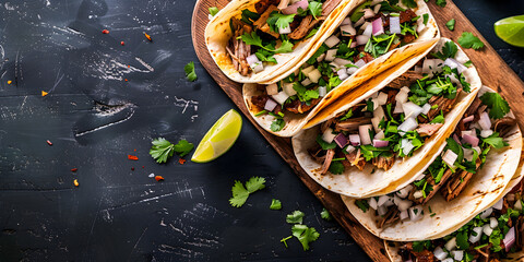 Vegetarian tacos with sweet corn, purple cabbage and tomatoes on a black plate. tacos with vegetables and guacamole sauce on dark background. - obrazy, fototapety, plakaty