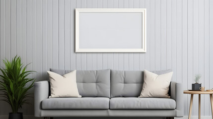 Mockup frame in Scandinavian living room interior background, 3d render