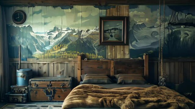 Interior of an old room with a wooden bed, a chair and a picture of the mountains