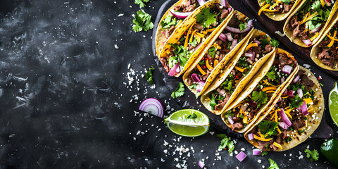 Mexican tacos with meat, cheese, corn, onions and pork herbs on a wooden board, 
 - obrazy, fototapety, plakaty