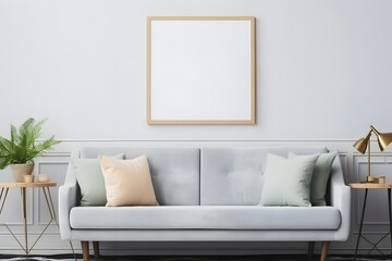 Poster frame mock-up in home interior background with sofa, table and decor in living room