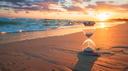 A bright sunset on a serene and sparsely populated tropical Paradise beach is the perfect place to relax. An hourglass on the device. - obrazy, fototapety, plakaty