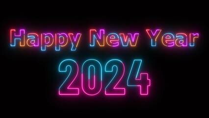 Neon text Happy New Year 2024 background illustration .