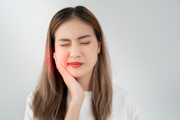 Asian woman feel toothache from gingivitis, female suffer tooth, decay problems, dental care....