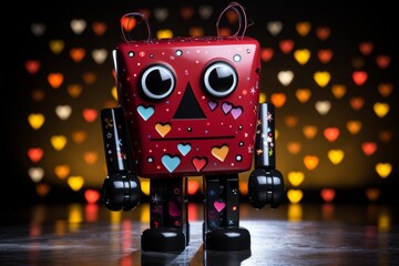 Red and Black Robot Adorned With Hearts