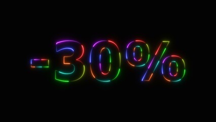 Abstract neon number 30% off  big offer sale background illustration.