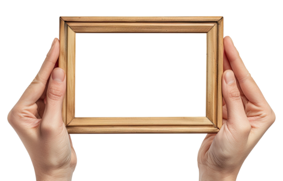 Hands holding wooden frame isolated on transparent background
