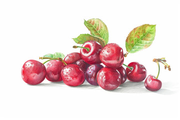 fresh red cherries illustration with green leaves on white