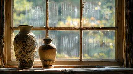 Two vases are placed on a rustic wooden window sill, illuminated by natural light from the outside. The vases intricate designs contrast against the simplicity of the background. - obrazy, fototapety, plakaty