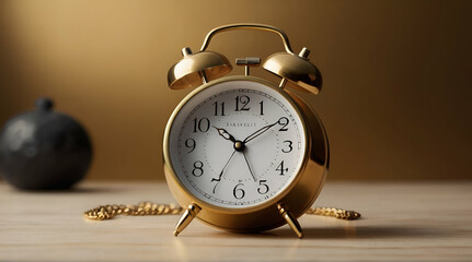 A great alarm clock in golden color. Minimalist design, background.generative.ai - obrazy, fototapety, plakaty