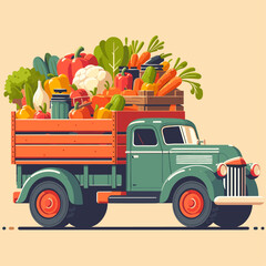 Flat Retro truck loaded with fresh vegetables farm vector