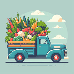 Flat Retro truck loaded with fresh vegetables farm vector