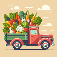 Flat Retro truck loaded with fresh vegetables farm vector