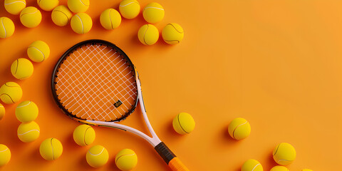 Tennis racket and balls on yellow background flat lay sports equipment - obrazy, fototapety, plakaty
