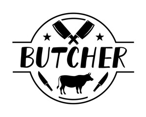 Butcher shop logo emblem. Meat shop typography icon. Butchery store vector design element. Vector illustration with meat knife. Butcher logo template. Fresh meat shop. Vintage kitchen logo.