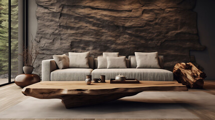 Interior modern living room coffee table with stone wall decoration.