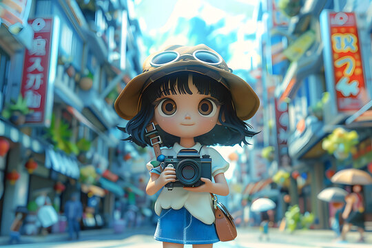 A 3D rendered image of an animated tourist character with a camera exploring a bustling Japanese street scene.