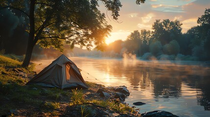 Camping tent on the river in the morning
 - obrazy, fototapety, plakaty