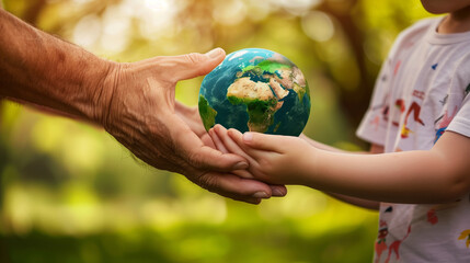 Elder and child hands together, passing Earth to future generations.