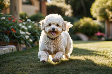 Adorable Maltipoo dog frolicking amidst a lush backyard landscape, capturing the essence of joy and playfulness