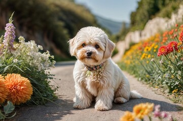 A small brown multipoo dog resting serenely on a rustic stone pathway, encircled by a lush garden of intricately depicted flowers in full bloom