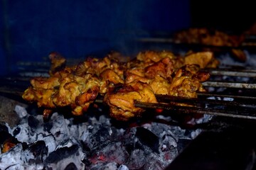 Savor the aromatic delight of chicken tikka, cooked to perfection over a crackling bonfire in the...