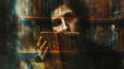 The quiet stillness of a reading room is captured in the blur of a person deep in thought their face hidden behind a book as they soak up knowledge and experience the tranquility