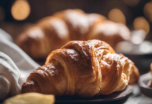 Famous French croissant with yummy look and toppings and fillings, puff pastry food photography 