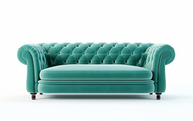 Teal sofa on wooden legs on white background. Upholstered furniture for the living room. Teal couch isolated
