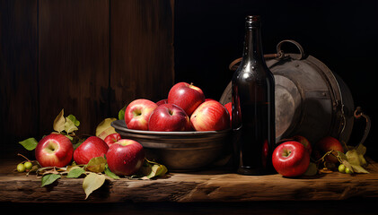 Still life painting of a bowl of apples and a bottle of wine on a wooden table