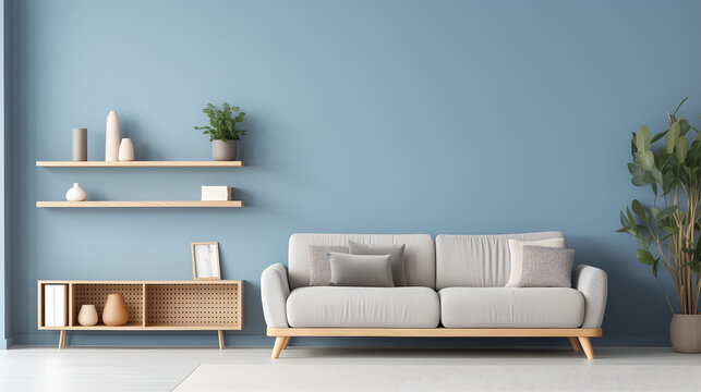 Minimalist sofa and shelf interior with empty blue walls